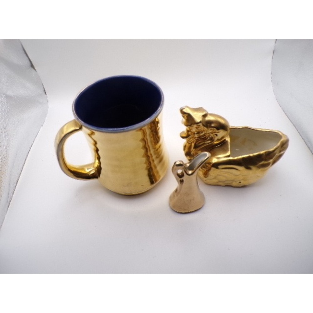 Vintage Goldtone Ceramic Mug Small Pitcher Swan Planter Set